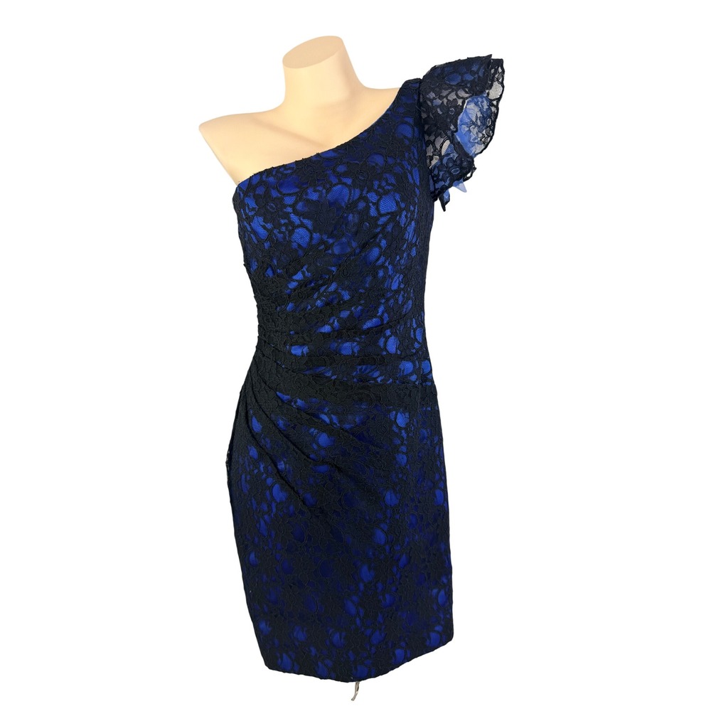 Mori Lee Madeline Gardner Gothic Romance Blue Black Lace One Shoulder Dress 12
